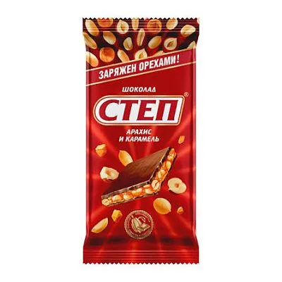 Шоколад Степ с начинкой арахис и карамель, 90 гр.